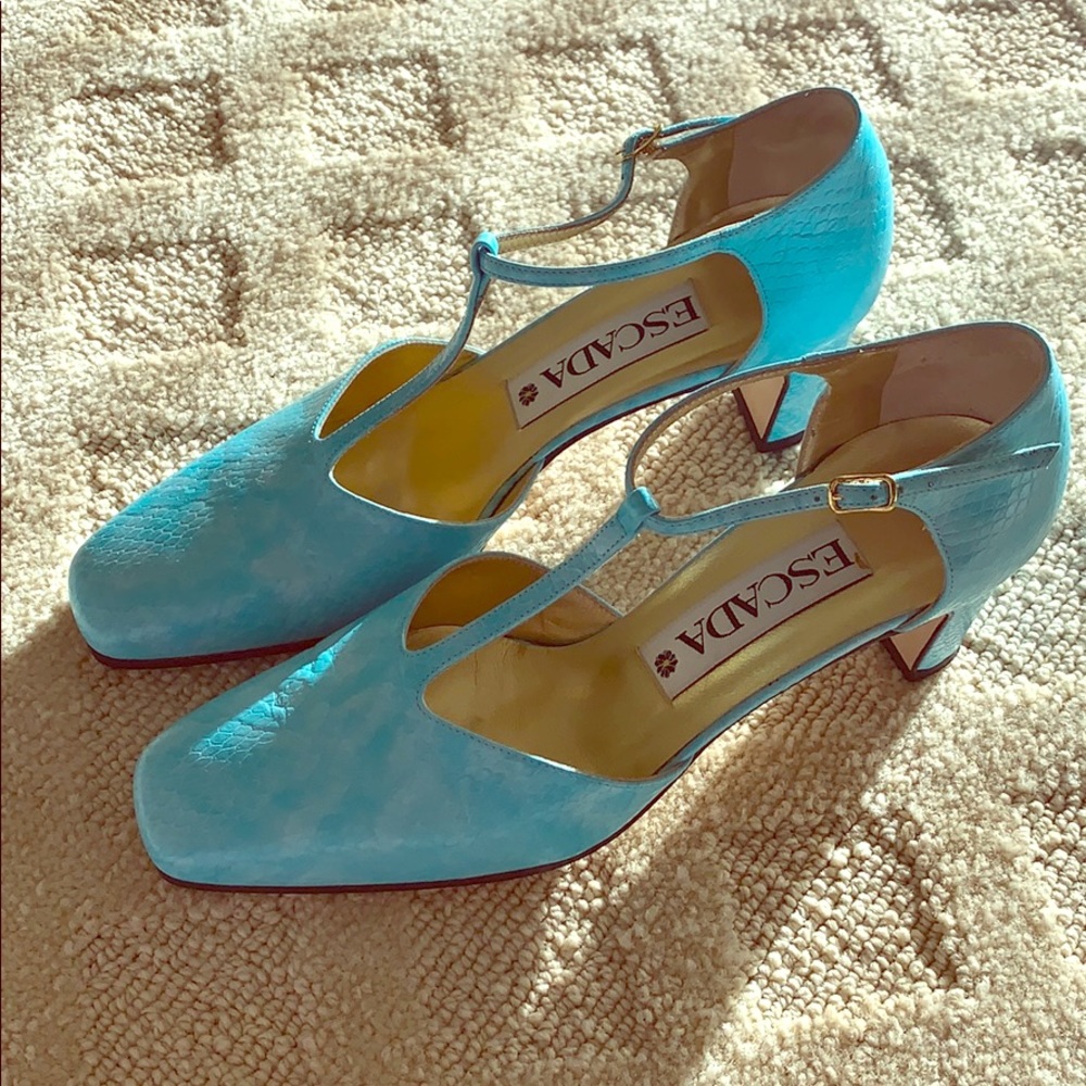 Turquoise Python Pumps with T-Strap